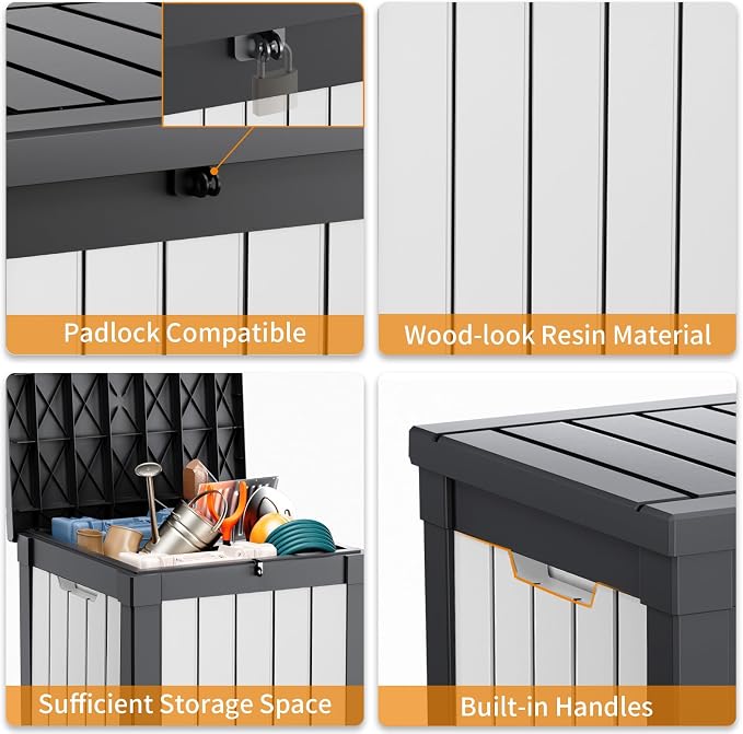 ROJIK 50 Gallon Resin Deck Box, Lockable Waterproof Weatherproof Outdoor Storage Container for Garden Tools, Cushions & Outdoor Accessories (Black&White)