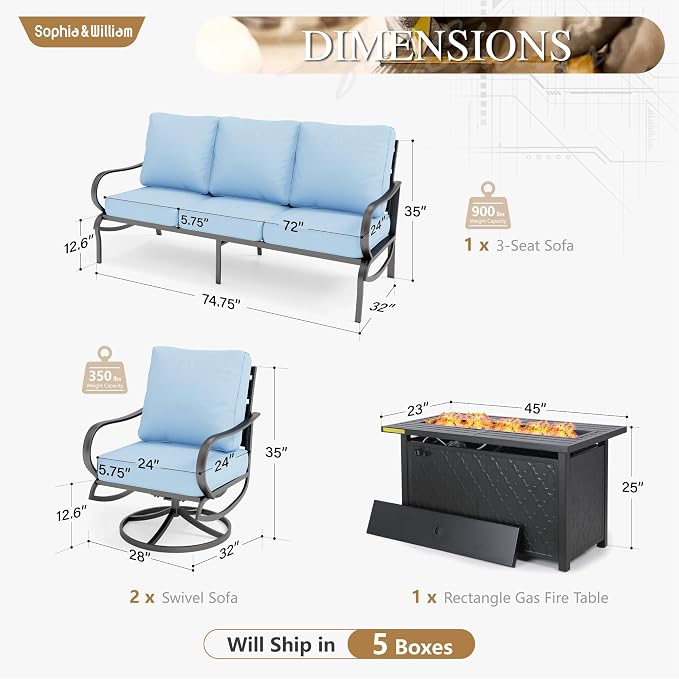 Sophia & William Patio Furniture Sets with 45" Gas Fire Pit Table Outdoor Metal Conversation Sets for 5, 2 x Swivel Cushioned Patio Sofa Chairs, 1 x 3-Seat Sofa 4 Pieces for Lawn Backyard Blue