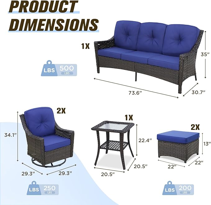 Stone Creek Outdoor Furniture Set with Swivel Rocking Chairs, 3 Seater Couch, Side Table & Ottomans, Wicker Patio Conversation Set, Balcony Furniture, 6 Piece, Brown/Blue
