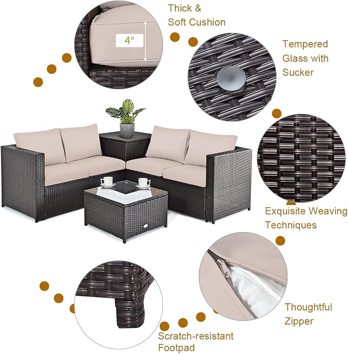 Tangkula 5 Piece Patio Furniture Set with 50,000 BTU Propane Fire Pit Table, Outdoor Wicker Conversation Set w/Cushions, Storage Box and Tempered Glass Coffee Table, 30” Gas Fire Pit Table (Beige)