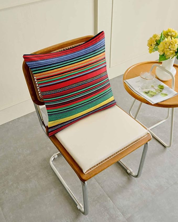 Outdoor Waterproof Throw Pillows Mexican Colorful Stripes Patio Pillows Pack of 1,Decorative Pillow Covers with Insert,Pillow Cushion Case for Garden Couch Sofa Rainbow Lines Ethnic Style