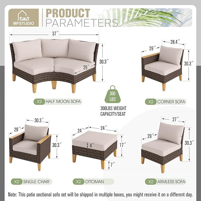 MFSTUDIO 10 Pieces Wicker Patio Furniture Set, All-Weather Extra Large Rattan Half-Moon Curved Sectional Sofas Outdoor Conversation Sets for Garden, Backyard(Beige Cushion)