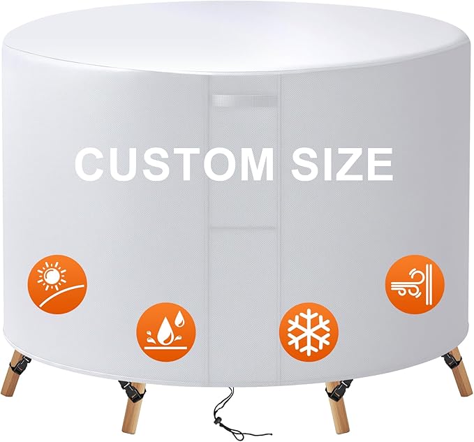 32"(D) x 12"(H) Round Outdoor Furniture Cover, Custom Heavy Duty 420D Waterproof Patio Furniture Cover with Drawstring & Buckles for Table Chair Garden, Silver