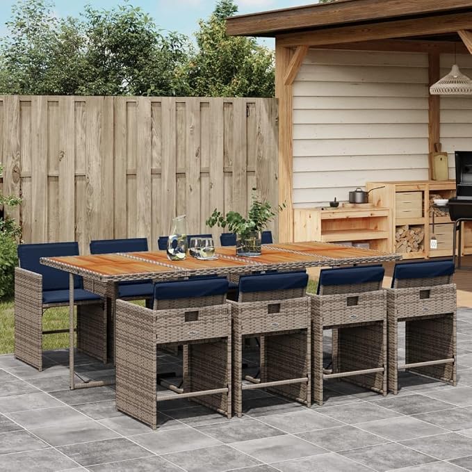 9 Piece Outdoor Dining Set with Cushions Grey Poly Rattan for Patio Garden Backyard, Space-Saving Folding Chairs, Acacia Wood Table, Weather-Resistant