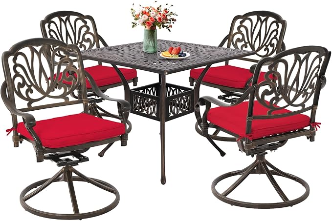 Grepatio 5 Piece Cast Aluminum Patio Dining Set, Outdoor Furniture Set with 4 Swivel Rocker Ding Chairs, 4 Cushions and 35.4" Square Patio Table with 2.4" Umbrella Hole, Antique Bronze (Red)