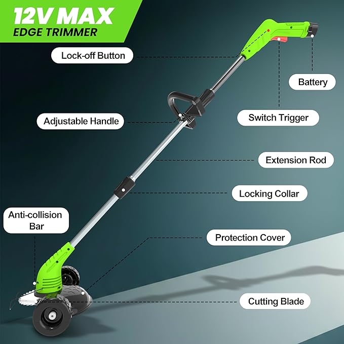 Cordless Weed Wacker, Grass Trimmer with 3 Types Blades and 2.0Ah Li-Ion Battery Powered,12V Electric Weed Trimmer/Edger for Garden Yard Work and Lawn Care