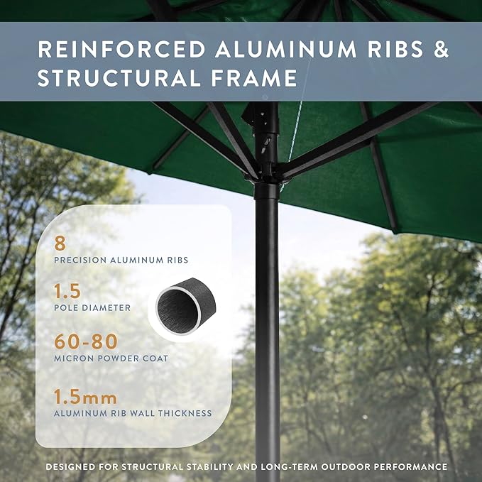 California Umbrella 8-Year Protection 9 Ft Outdoor Patio Umbrella, Solstice Fade-Resistant Fabric, Auto-Tilt, Heavy Duty Aluminum Frame, 8 Reinforced Ribs for Pool or Deck, Black Pole, Hunter Green