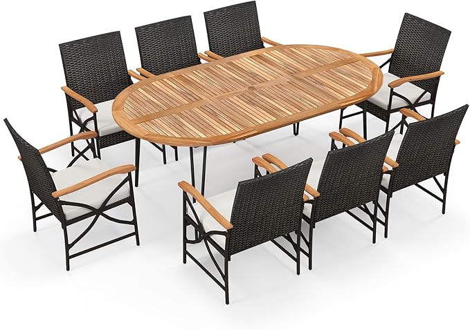 Tangkula 9 Pieces Patio Rattan Dining Set, Outdoor Oval Acacia Wood Dining Table and 8 Patio Wicker Armchairs Set with Umbrella Hole, Cushions, Metal Frame, Outdoor Dining Furniture Set for Garden