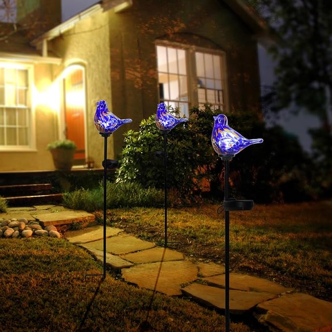 Afirst Decorative Solar Lights Outdoor Solar Bluebird Stake Lights Hand Blown Glass Decorative Garden Pathway Lights Outdoor Waterproof Glass Stakes Dark Blue