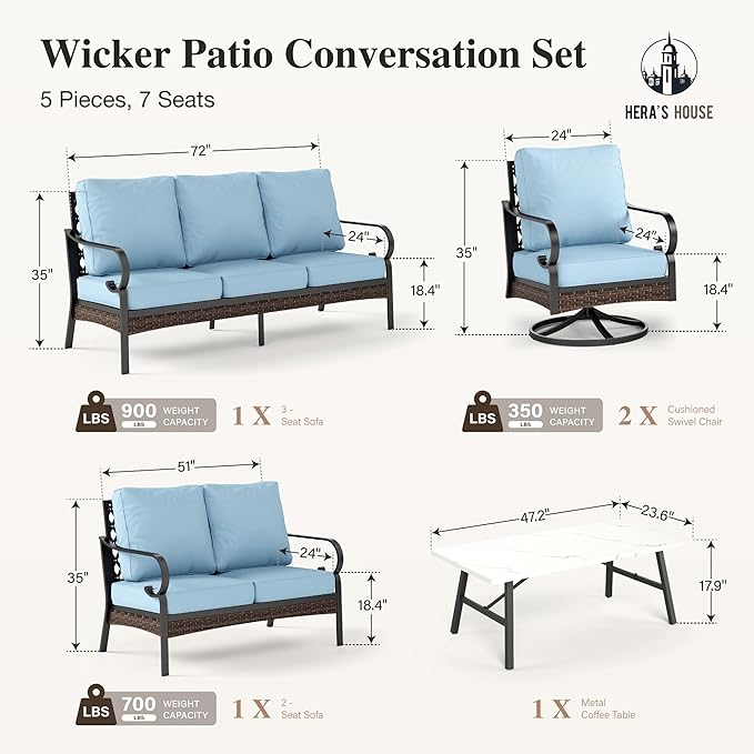 HERA'S HOUSE 5 Piece Metal Patio Furniture Set, 7 Seats All Weather Outdoor Conversation Set, 3 Seat Sofa with Loveseat, 2 Swivel Chairs, Coffee Table for Backyard, Garden, Deck, Blue