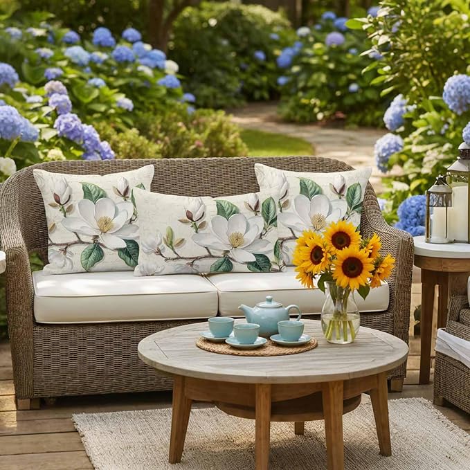 Retro Flowers Waterproof Outdoor Pillow Covers Set of 2 Home Decor, Farmhouse Leaf Branch Green Plants Pillowcase Patio Pillow Covers for Couch Bench Furniture Garden 20x20in