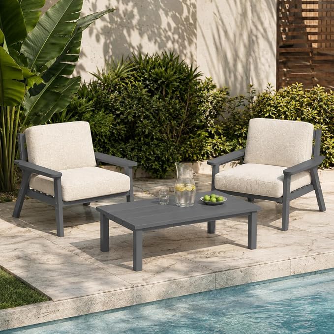 43.9" HDPE Outdoor Coffee Table (Gray) | All-Weather HDPE, Easy Assembly, Low-Maintenance, Large Tabletop, For Patio Deck Poolside Backyard Use
