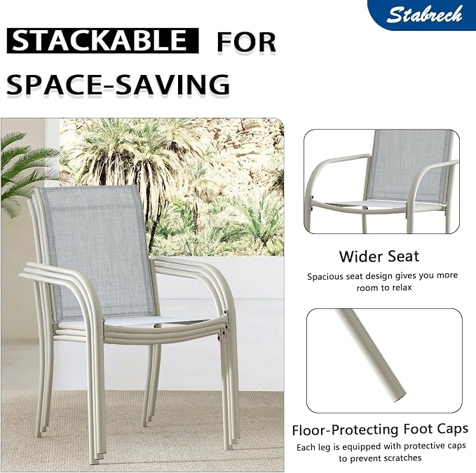 9 Pieces Patio Dining Set for 8, Beige Blue Patio Stackable Chairs and Black Round Table Set of 8, Outdoor Furniture Set with Sling Support for Outside, Garden