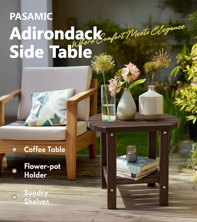 PASAMIC 2-Tier Adirondack Oval Outdoor Side Table, HDPE Small Outdoor Table, Patio End Table for Patio, Backyard, Weather-Resistant (Brown)