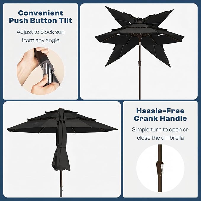10ft 3 Tier Patio Umbrella, Outdoor Market Table Umbrella with UPF 50+ Vented Canopy, 8 Sturdy Ribs, Easy Push Button Tilt and Crank, Windproof for Deck, Pool, Backyard and Garden