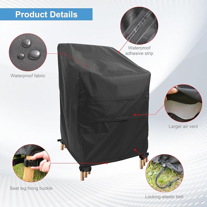 Stackable Chair Covers Outdoor Waterproof - 2 Pack Patio Chair Covers (25W x 25D x 47H inches, Black) Patio Furniture Covers with nonfading fabric fits for 4-6 Stacking Chairs