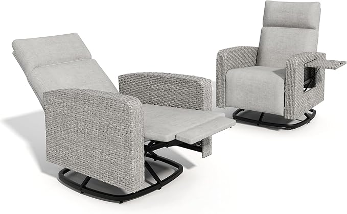 Outdoor Recliner Chair Set of 2,Reclining Patio Chair with Adjustable Back and Extended Footrest,All-Weather Wicker 360° Swivel Chairs with Flip-up Table for Pool Deck Balcony