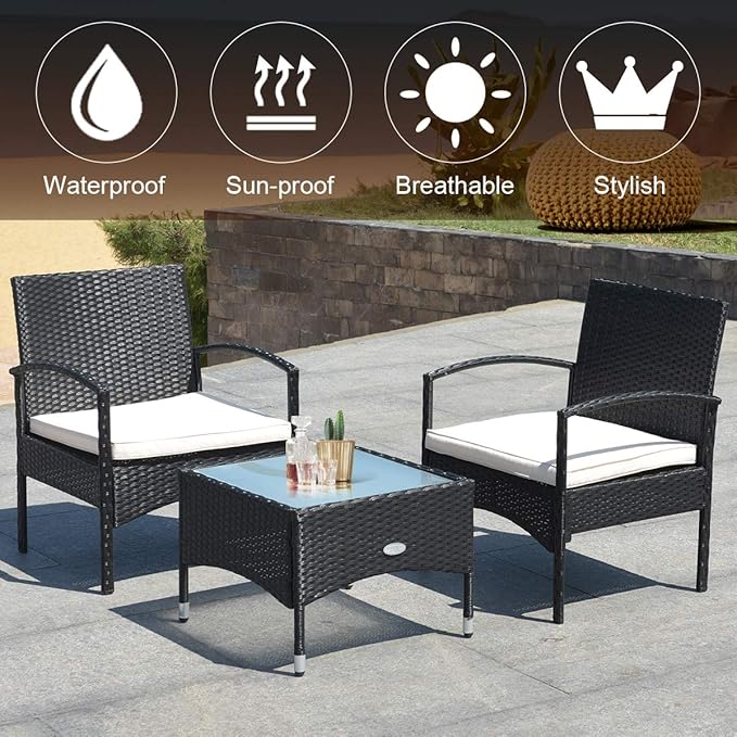 Tangkula 3 PCS Patio Wicker Rattan Furniture Set, Rattan Chair with Coffee Table, High Load Bearing Chair Conversation Sets for Patio Garden Lawn Backyard Pool (Black)
