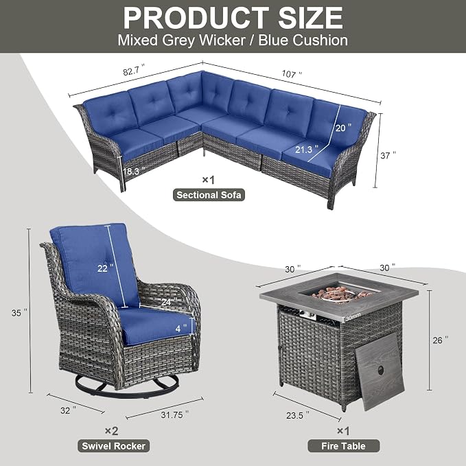 Belord Patio Furniture Set with Fire Pit Table, Outdoor Swivel Rocker Patio Chairs, Oversized Outdoor Sectional Couch, Two 3-Seater Sofas with Coffee Table, Ideal for Porch, Deck, Gray Wicker/Blue