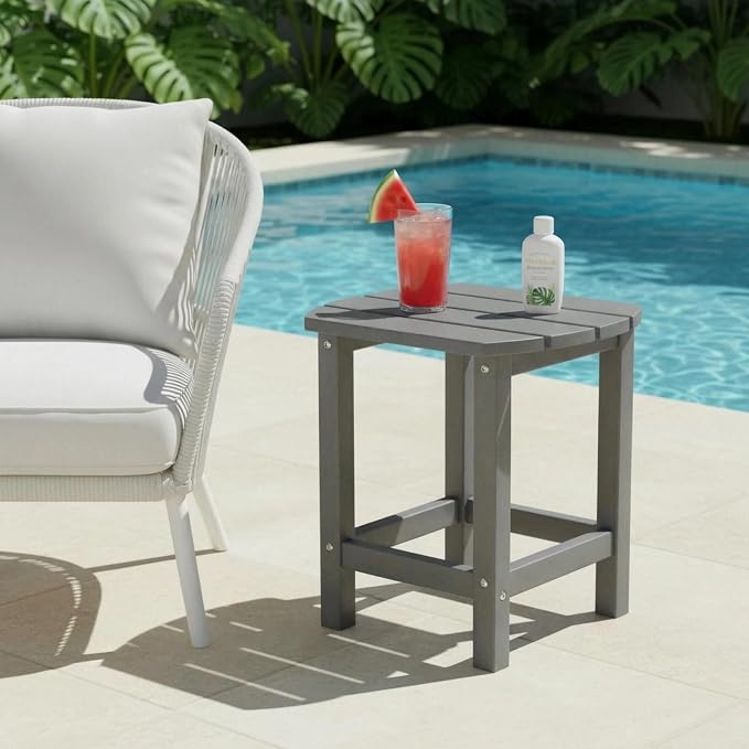 AMILY HDPE Outdoor Side Table, Weather Resistant Patio End Table, Heavy Duty Adirondack Side Table for Garden, Balcony, Poolside, Easy Assembly (Grey)