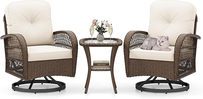 HAPPYGRILL 3 Pieces Patio Furniture Set Outdoor Rattan Swivel Rocker Chairs with Side Table, Outside Sectional Conversation Set with Swivel Rocking Chairs for Deck Porch Garden (White)