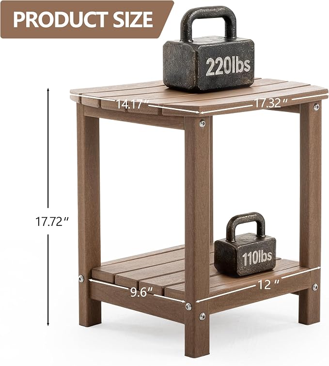 Adirondack Small Outdoor Side Table - Weatherproof HDPE Patio End Table with 2-Tier Storage for Firepit, Balcony, Garden, Poolside or Bathroom (Brown, Set of 1)