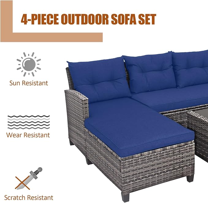 Tangkula 4 Pieces Rattan Conversation Set, Patiojoy Outdoor Furniture Set with Cushions, Lounge Sofa Set with Coffee Table, Patio Sectional Sofa Set for Patio Garden Poolside Backyard (Navy)