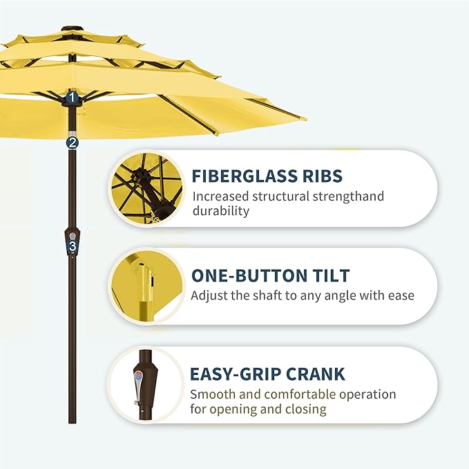 PatioKingdom 9ft 3-Tier Patio Market Umbrella with Crank/Tilt, Commercial Heavy Duty Wind Proof,Outdoor Table Umbrella with 8 Fiberglass Ribs,UPF50+ for Deck,Pool,Garden,Backyard (Yellow)