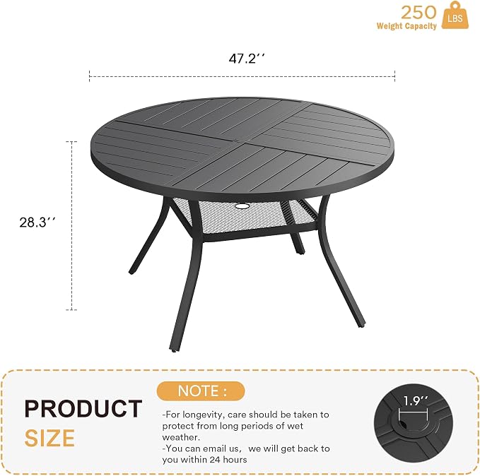 VICLLAX Round Patio Table with Adjustable Umbrella Hole for 6, All Weather 47.2" Metal Outdoor Dining Table for Lawn Garden, Black