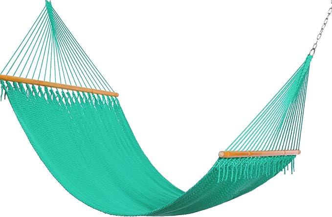 Classic Caribbean Hammock - Hand Woven with Wooden Spreader Bars, Sunlit Green Rope Net, 79 Inch Wide x 12 Ft Long, Double Person, Outdoor Garden Patio Backyard, Tropical Relaxation
