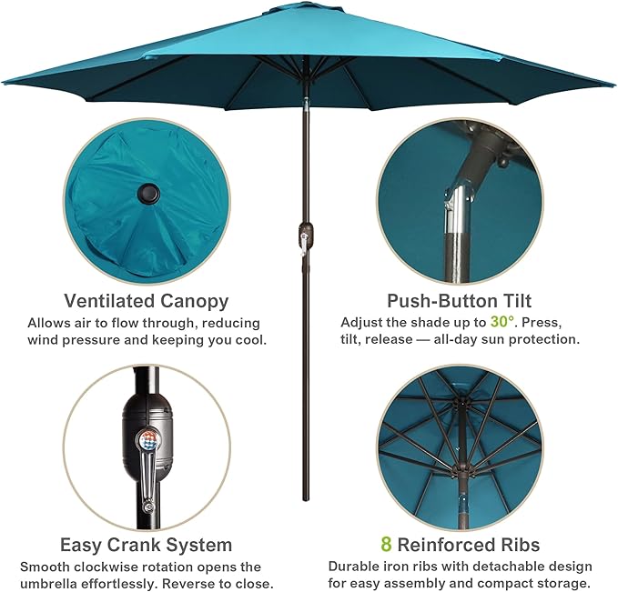 Blissun 10FT Outdoor Patio Umbrella, Outdoor Table Umbrella, Yard Umbrella, Market Umbrella with 8 Sturdy Ribs, Push Button Tilt and Crank