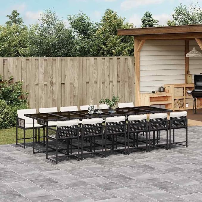 12-Seater PE Rattan Outdoor Dining Set with Cushions, Black/Cream | Includes a tempered glass tabletop and steel frame, ideal for large family gatherings in the patio or backyard.