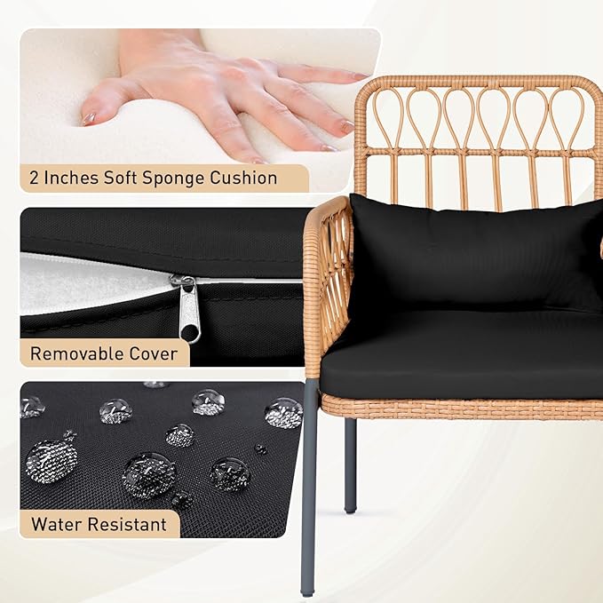 Outdoor Loveseat 2 Pieces Patio Furniture Set, Porch Furniture Wicker Large Loveseats, Patio Conversation Sets with Cushions & Lumbar Pillows and Built-in Table, Black