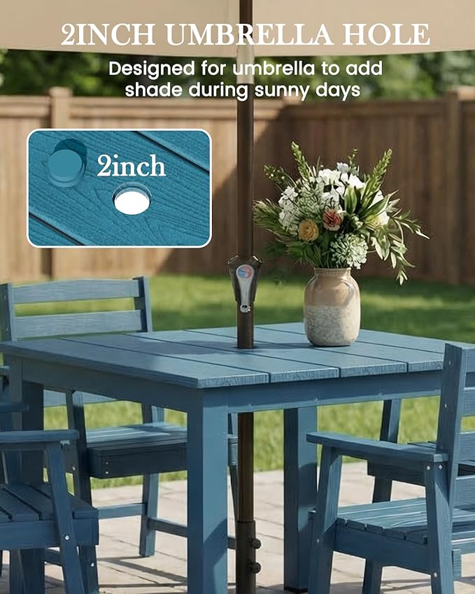 LOUNZY 5-Piece HDPE Patio Dining Set - Outdoor Square Table with 2" Hole Cut-Out & 4 Chairs,Navy