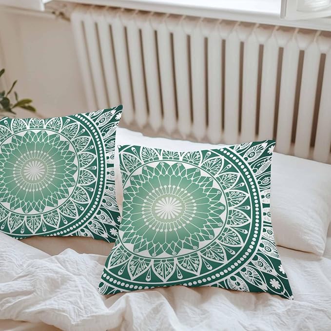 Vandarllin Outdoor Throw Pillows Covers 24x24 inch Set of 2 Waterproof Green Boho Floral Decorative Zippered Cushion Covers for Patio Furniture, Bohemian Sacred Space Art Lumbar Pillowcases