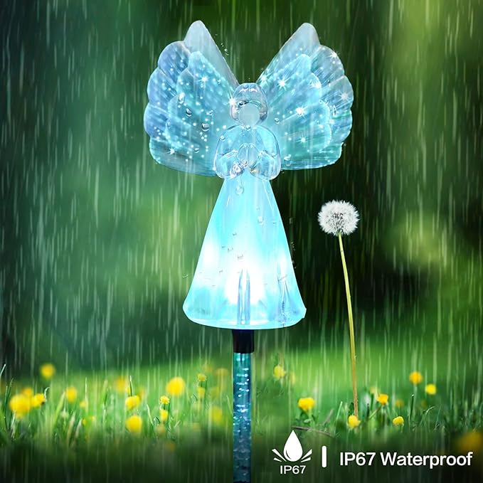 Outdoor Solar Garden Lights,2 Pack Solar Angel Decorative Lights, IP67 Waterproof Color Changing LED Solar Outdoor Lights,Solar Stake Lights for Cemetery Grave Garden Patio Yard Lawn Decoration