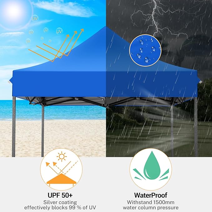 COBIZI 6.6x6.6 Pop up Canopy Tent Heavy Duty Without Sidewalls, Easy Set-up Commercial Outdoor Party Tent, 100% Waterproof Wedding TGazebo, 3 Height Adjustable with Carry Bag, Blue