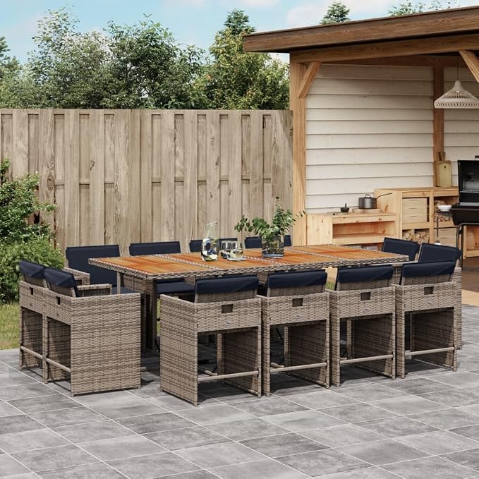 13 Piece Garden Dining Set with Cushions Grey Poly Rattan Outdoor Patio Furniture Table and 12 Chairs with Foldable Backrest Navy Blue Seat Cushion Acacia Wood Top UV Resistant 110 kg Capacity