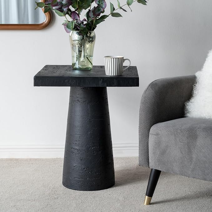 Faux Stone Side Table Square End Table Patio Small Drink Table for Small Spaces Outdoor Modern Pedestal End Tables Farmhouse Nightstand for Living Room Bedroom Corners Office (Black)