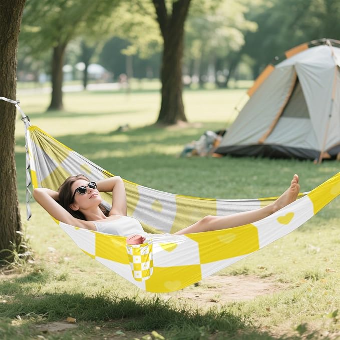 Buffalo Plaid Check Gold White Heart 330lb Capacity Hammocks with Portabl Carry Bag Fabric Hammock for Indoor Outdoor Patio Silla hamacas para adultos