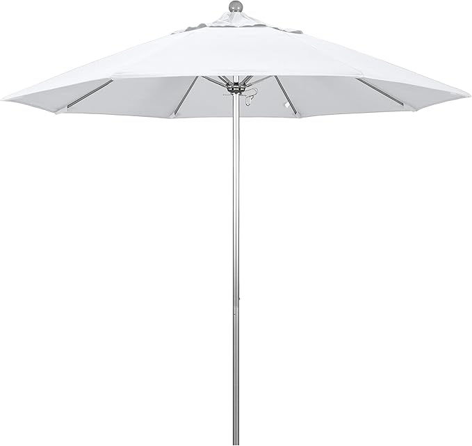 California Umbrella 9' Round Aluminum/Fiberglass Umbrella, Push Open, Silver Pole, Sunbrella Natural Fabric