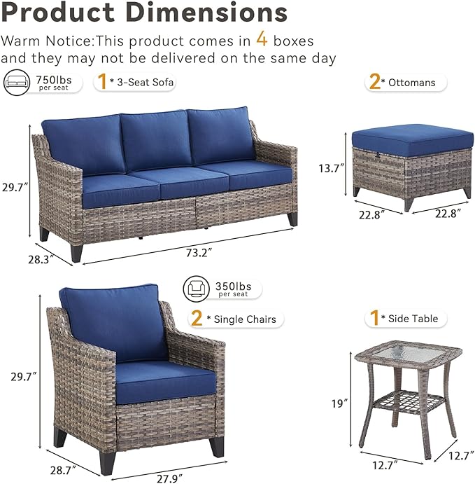 Buenhomino Outdoor Patio Furniture Set-PE Wicker Sofa Couch with Ottomans Comfy Cushions, All Weather High Back Patio Conversation Set for Porch Deck Balcony Garden Grey/Blue