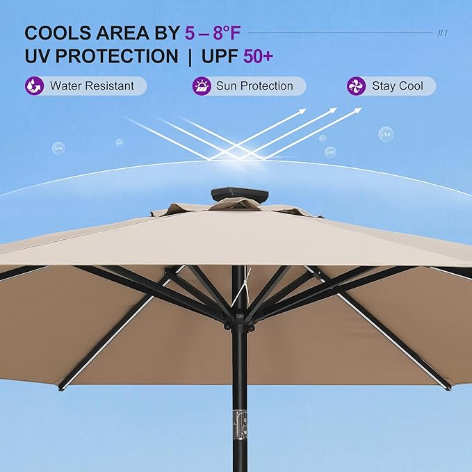 PURPLE LEAF 10' Round Patio Umbrella with Solar LED Outdoor Table Umbrella Aluminum Frame Market Umbrella with 8 Sturdy Ribs & Tilt for Garden Deck Lawn Pool Taupe
