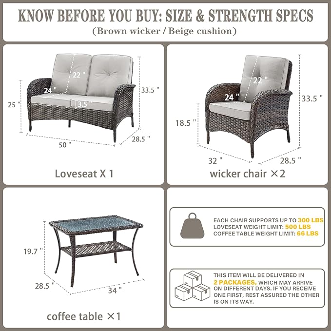 Belord Outdoor Wicker Loveseat Furniture Set of 4 with Coffee Table for Porch Deck Balcony, 4 Pieces Rattan Outdoor Conversation Sets Include 2 Club Chairs 1 Loveseat Couch 1 Coffee Table Brown/Beige