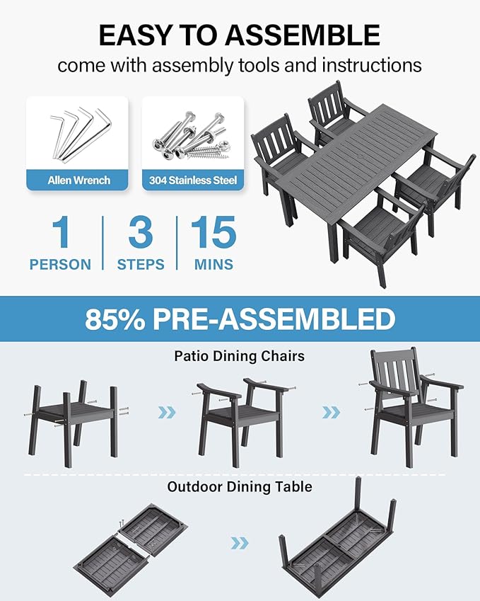 YEFU Patio Dining Chairs Set of 4: All Weather Outdoor Dining Chairs with Wide Curved Seat and Backrest - Outdoor Furniture Plastic for Outside Backyard/Garden/Porch/Deck 350lbs Capacity Grey