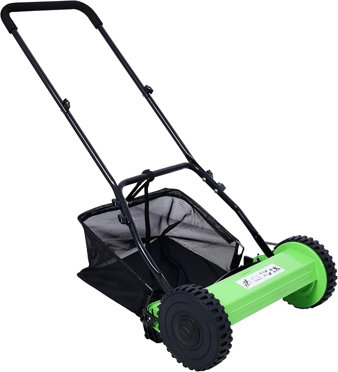 KEIKI 16-Inch Manual Lawn Mower, Push Reel Mowers w/Grass Catcher & Adjustable Cutting Height, 2-Wheels Small Lawnmower with 5 Steel Blades for Graden, Spaces Saving & Easy Assembly, Green