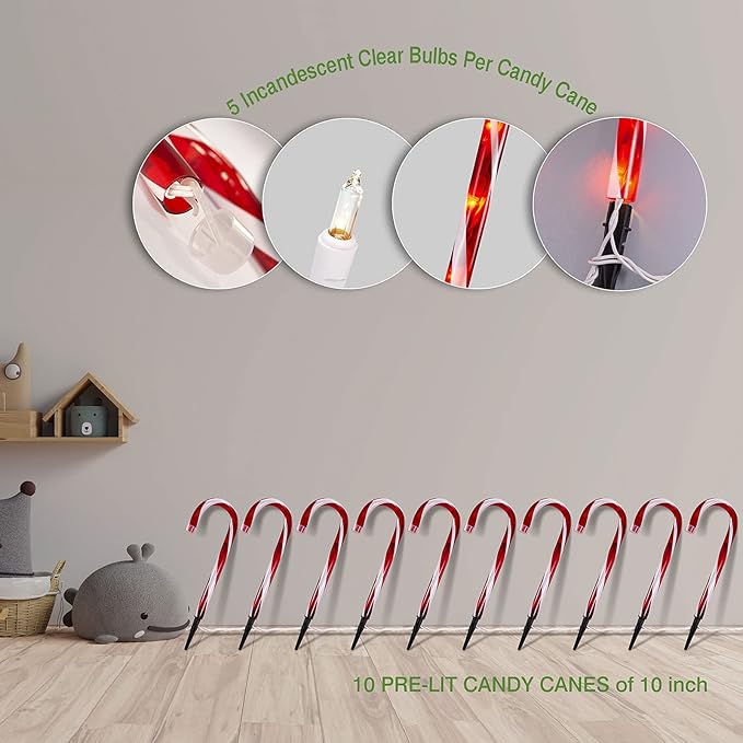 Candy Cane Christmas Lights Outdoor, 10 inch Lighted Candy Cane Yard Lights with Set of 10 Candy Canes Outdoor Walkway Christmas Lights Pathway Lawn Yard Decorations