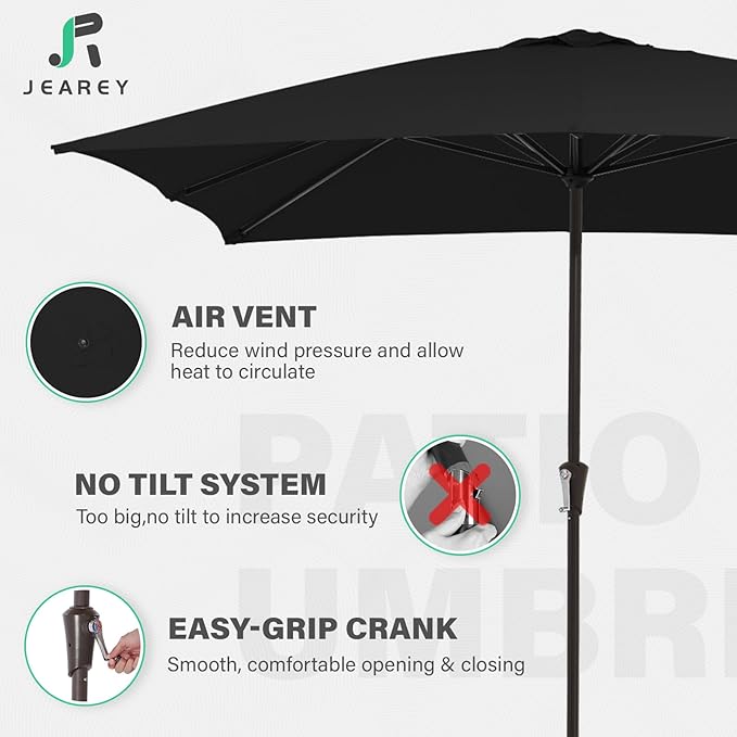 JEAREY 8x10 ft Rectangular Patio Umbrellas Outdoor Table Market Umbrella w/Crank, 8 Sturdy Ribs, UV Protection Windproof Sunproof for Garden, Deck, Backyard, Pool(Black)