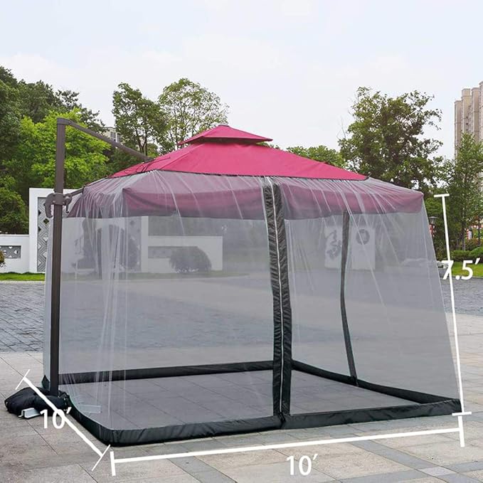 10ft Patio Mosquito Netting Patio Umbrella Cover Mosquito Netting Screen,Windproof Mosquito with Zipper Portable Foldable Umbrella Mosquito Net（10'10'7.6'） (Black)