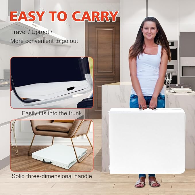 Portable 4Ft Folding Table, Heavy Duty Plastic Fold-in-Half Utility Foldable Table Small, Adjustable Height Plastic Folding Table with Carrying Handle for Camping & Party Indoor/Outdoor(White)